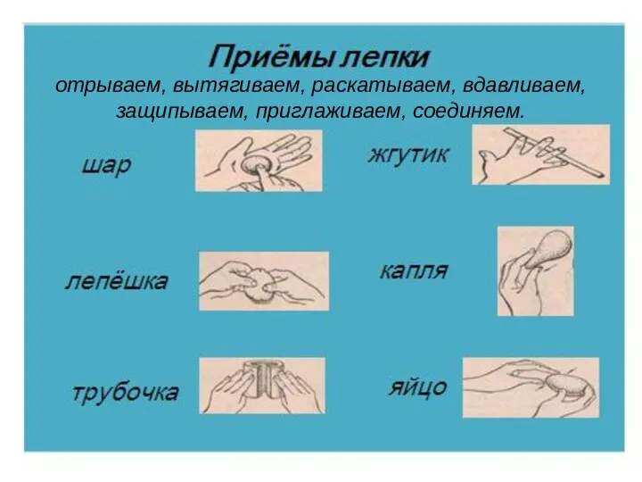 отрываем, вытягиваем, раскатываем, вдавливаем, защипываем, приглаживаем, соединяем.