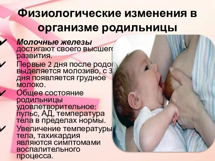 Физиологические изменения в организме родильницы Молочные железы достигают своего высшего развития.