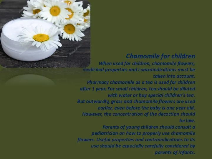 Chamomile for children When used for children, chamomile flowers, medicinal properties