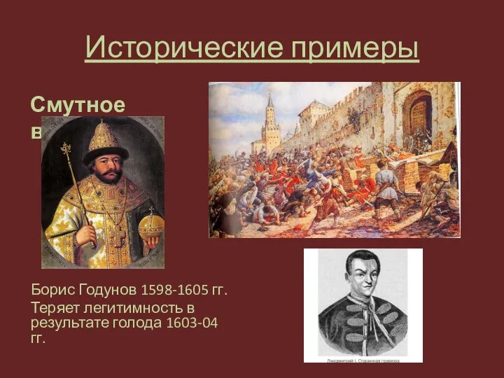 Исторические примеры Смутное время. Борис Годунов 1598-1605 гг. Теряет легитимность в результате голода 1603-04 гг.