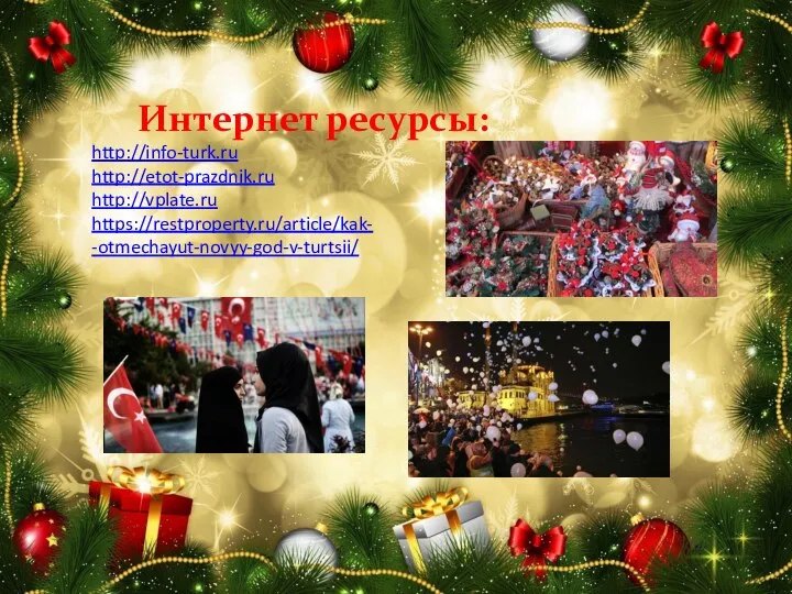 Интернет ресурсы: http://info-turk.ru http://etot-prazdnik.ru http://vplate.ru https://restproperty.ru/article/kak- -otmechayut-novyy-god-v-turtsii/