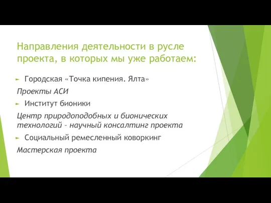 Направления деятельности в русле проекта, в которых мы уже работаем: Городская