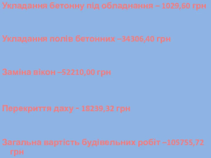 Укладання бетонну під обладнання – 1029,60 грн Укладання полів бетонних –34306,40