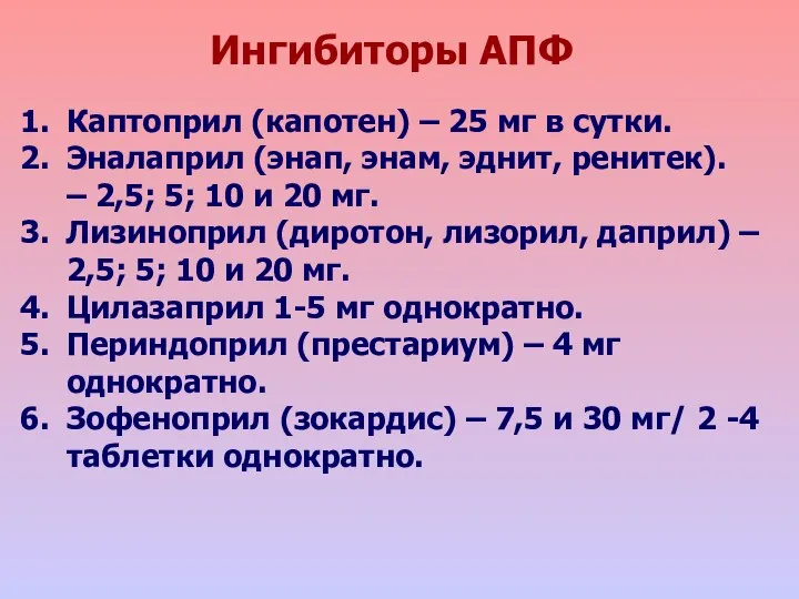 Ингибиторы АПФ Каптоприл (капотен) – 25 мг в сутки. Эналаприл (энап,