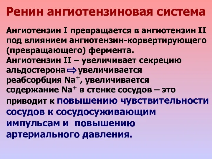 Ренин ангиотензиновая система Ангиотензин I превращается в ангиотензин II под влиянием