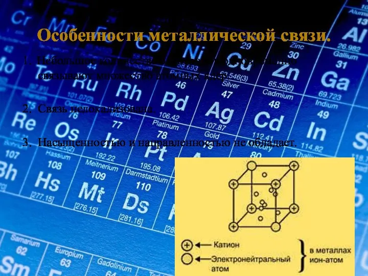 Особенности металлической связи. 1. Небольшое количество электронов одновременно связывают множество атомных