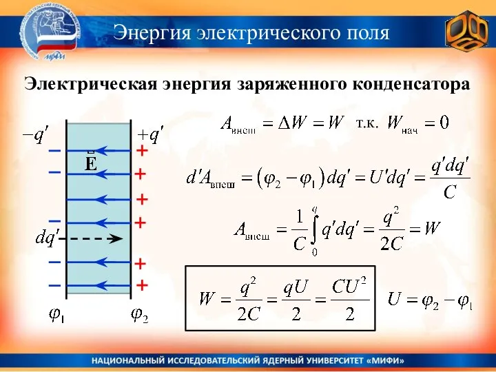 Энергия электрического поля Электрическая энергия заряженного конденсатора