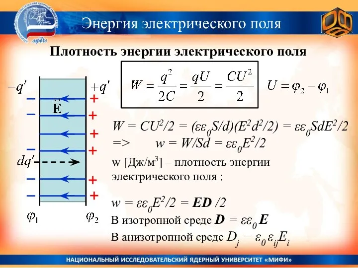 Энергия электрического поля Плотность энергии электрического поля W = CU2/2 =