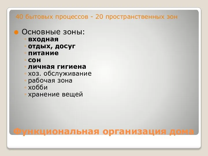 Функциональная организация дома 40 бытовых процессов - 20 пространственных зон Основные