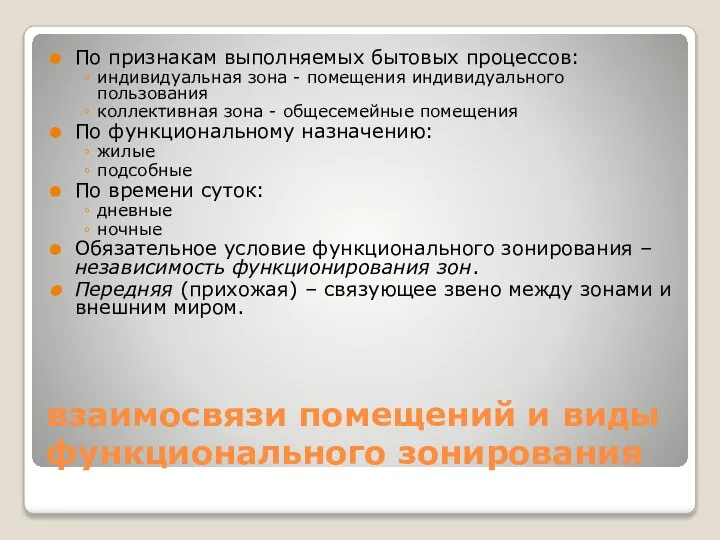 взаимосвязи помещений и виды функционального зонирования По признакам выполняемых бытовых процессов: