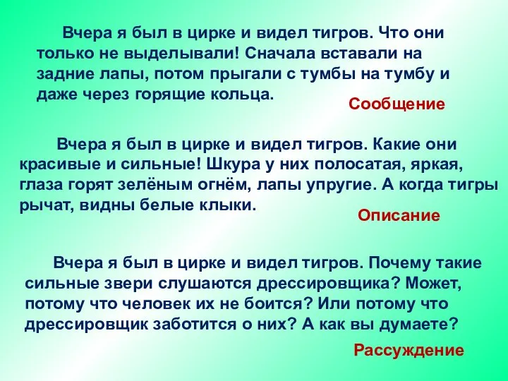 Вчера я был в цирке и видел тигров. Что они только