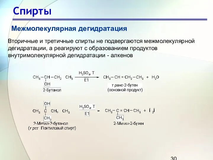 Спирты Межмолекулярная дегидратация Вторичные и третичные спирты не подвергаются межмолекулярной дегидратации,