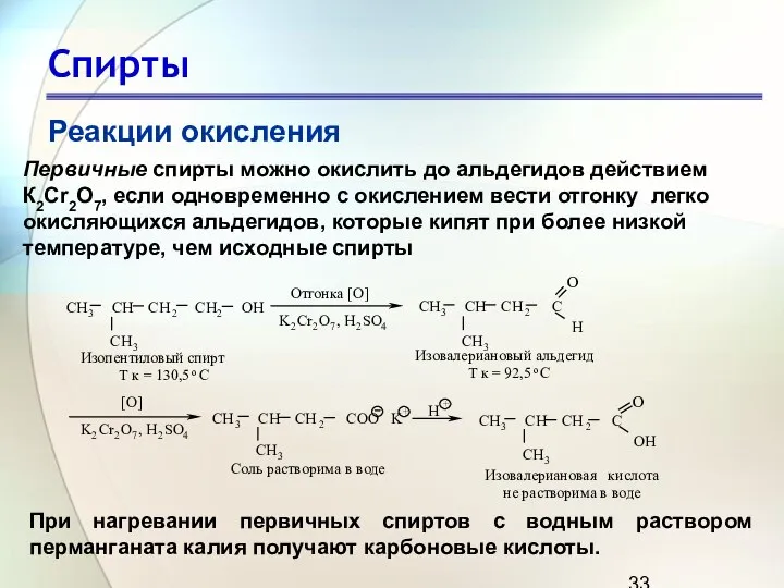 Спирты Реакции окисления Первичные спирты можно окислить до альдегидов действием К2Сr2О7,