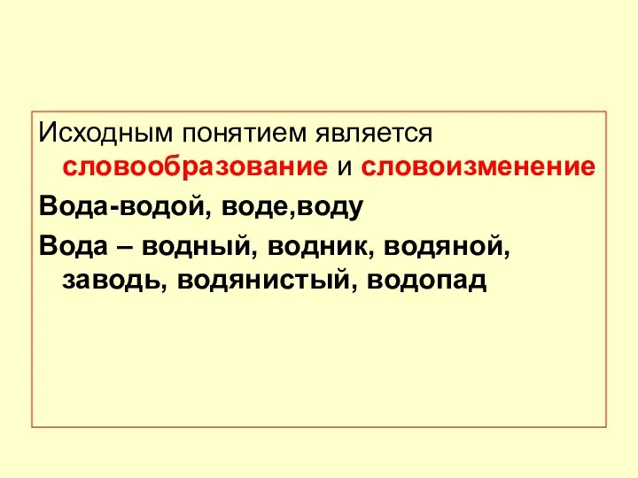 Исходным понятием является словообразование и словоизменение Вода-водой, воде,воду Вода – водный, водник, водяной, заводь, водянистый, водопад