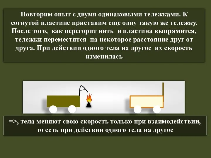 Повторим опыт с двумя одинаковыми тележками. К согнутой пластине приставим еще