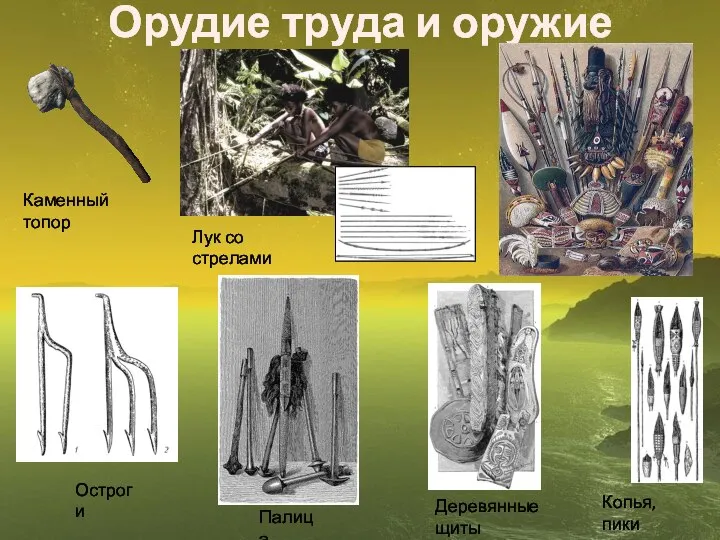 Орудие труда и оружие Каменный топор Лук со стрелами Остроги Копья, пики Палица Деревянные щиты