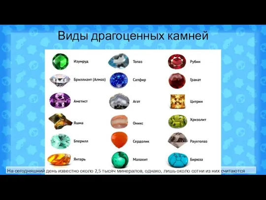 Виды драгоценных камней На сегодняшний день известно около 2,5 тысяч минералов,