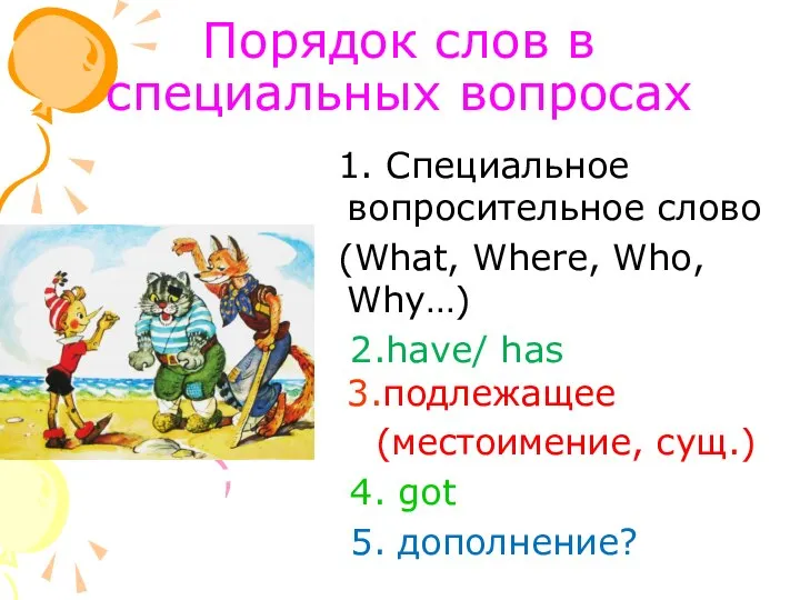 Порядок слов в специальных вопросах 1. Специальное вопросительное слово (What, Where,