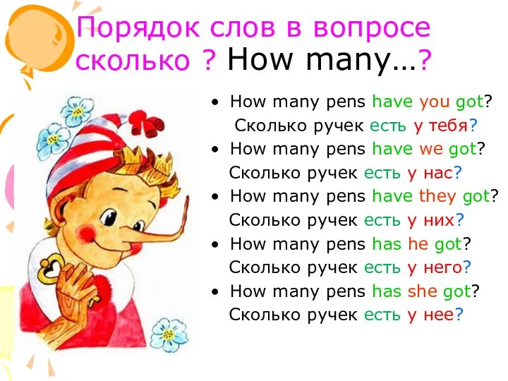 Порядок слов в вопросе сколько ? How many…? How many pens