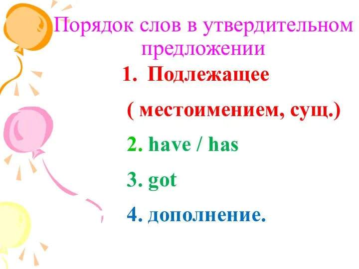 Порядок слов в утвердительном предложении Подлежащее ( местоимением, сущ.) 2. have