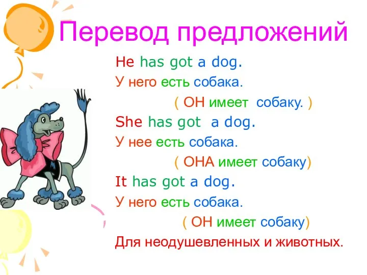 Перевод предложений He has got a dog. У него есть собака.