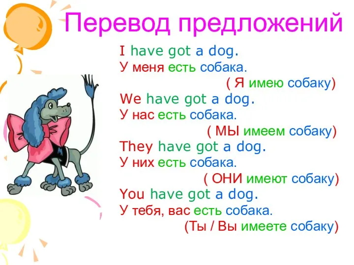 Перевод предложений I have got a dog. У меня есть собака.