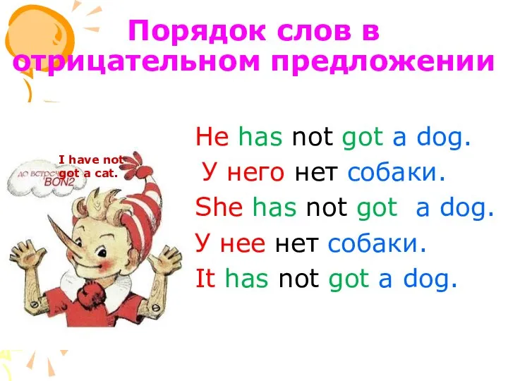 Порядок слов в отрицательном предложении He has not got a dog.