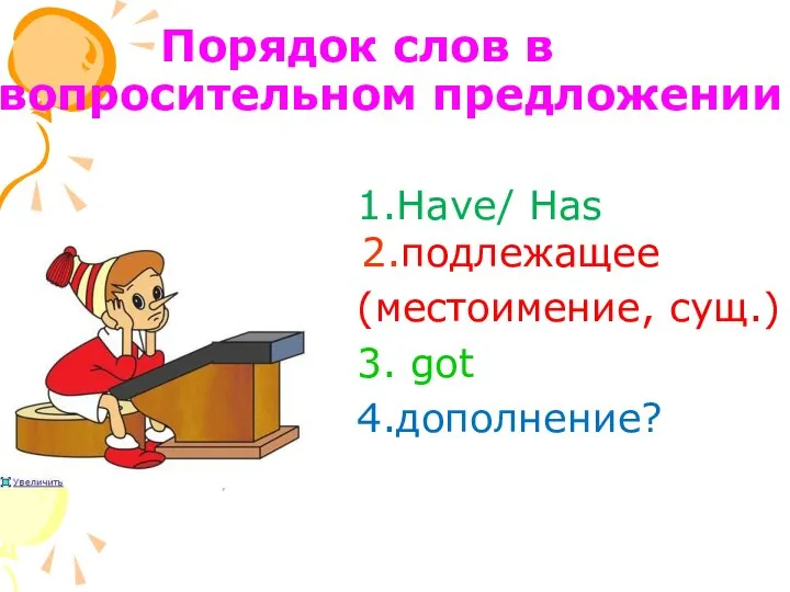 Порядок слов в вопросительном предложении 1.Have/ Has 2.подлежащее (местоимение, сущ.) 3. got 4.дополнение?