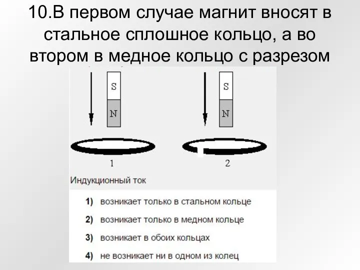 10.В первом случае магнит вносят в стальное сплошное кольцо, а во