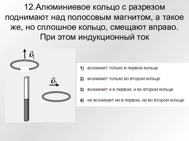 12.Алюминиевое кольцо с разрезом поднимают над полосовым магнитом, а такое же,