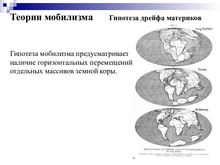 Теории мобилизма Гипотеза дрейфа материков Гипотеза мобилизма предусматривает наличие горизонтальных перемещений отдельных массивов земной коры.