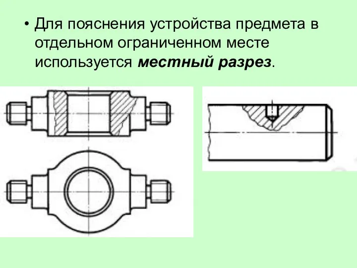 Для пояснения устройства предмета в отдельном ограниченном месте используется местный разрез.