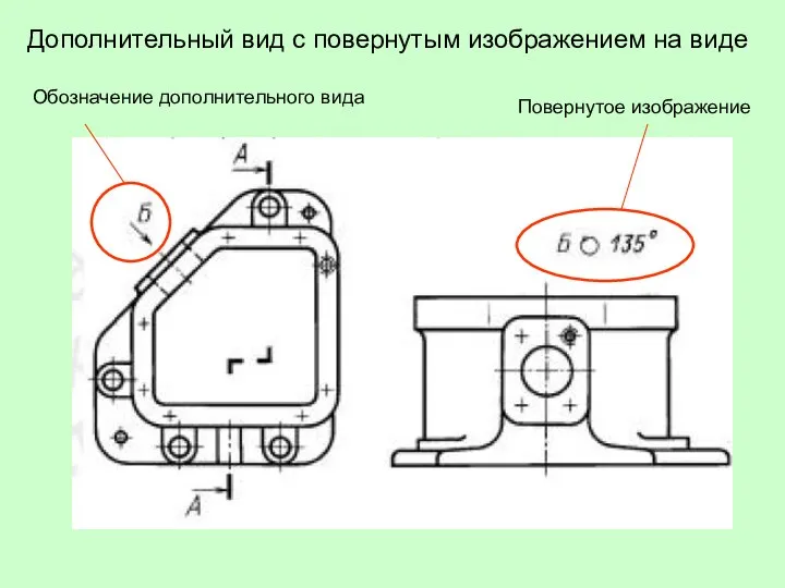 Повернутое изображение Дополнительный вид с повернутым изображением на виде Обозначение дополнительного вида