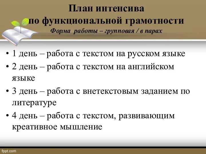 План интенсива по функциональной грамотности Форма работы – групповая / в