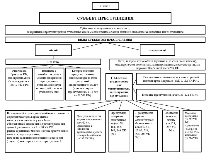 Схема 1 СУБЪЕКТ ПРЕСТУПЛЕНИЯ Субъектом преступления является лицо, совершившее предусмотренное уголовным