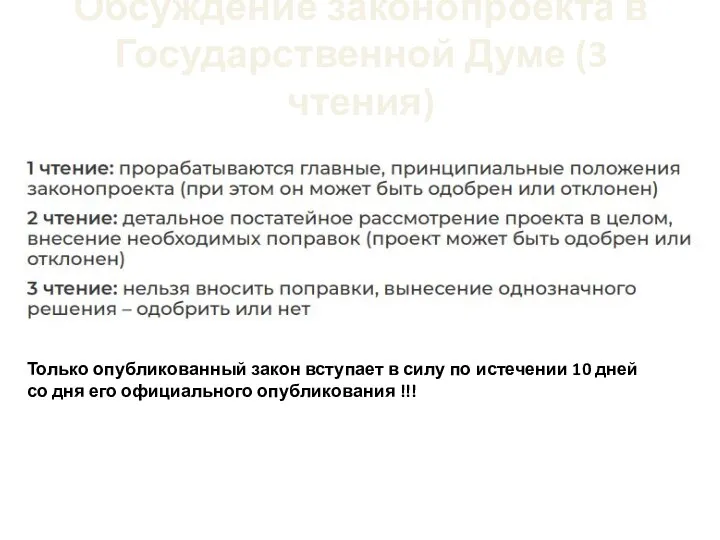 Обсуждение законопроекта в Государственной Думе (3 чтения) Только опубликованный закон вступает