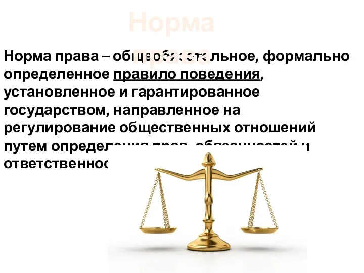 Норма права – общеобязательное, формально определенное правило поведения, установленное и гарантированное