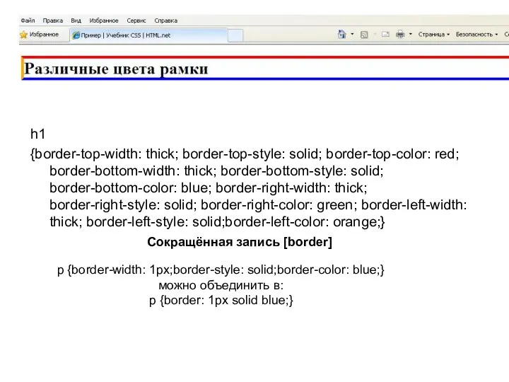 Сокращённая запись [border] h1 {border-top-width: thick; border-top-style: solid; border-top-color: red; border-bottom-width: