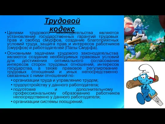 Трудовой кодекс Целями трудового законодательства являются установление государственных гарантий трудовых прав