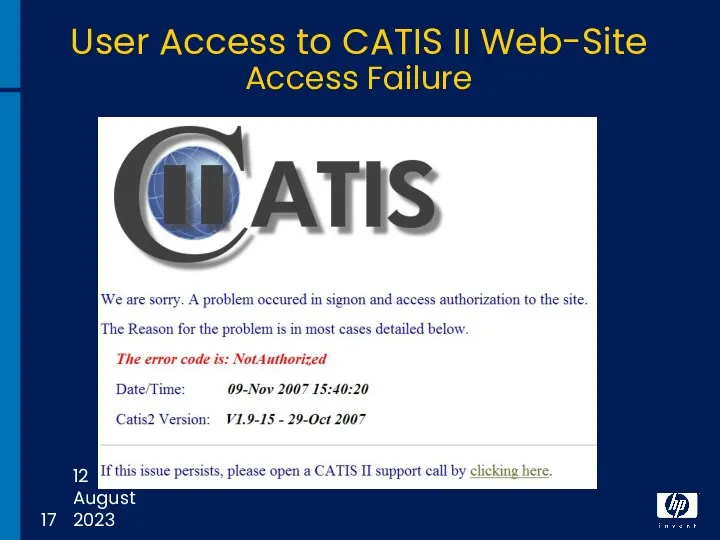 12 August 2023 User Access to CATIS II Web-Site Access Failure