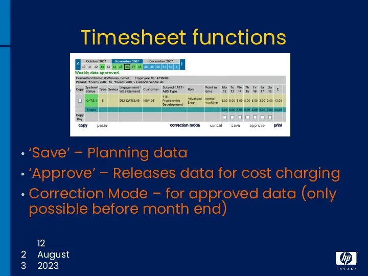 12 August 2023 Timesheet functions ‘Save’ – Planning data ‘Approve’ –
