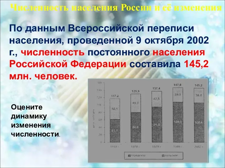 Численность населения России и её изменения По данным Всероссийской переписи населения,