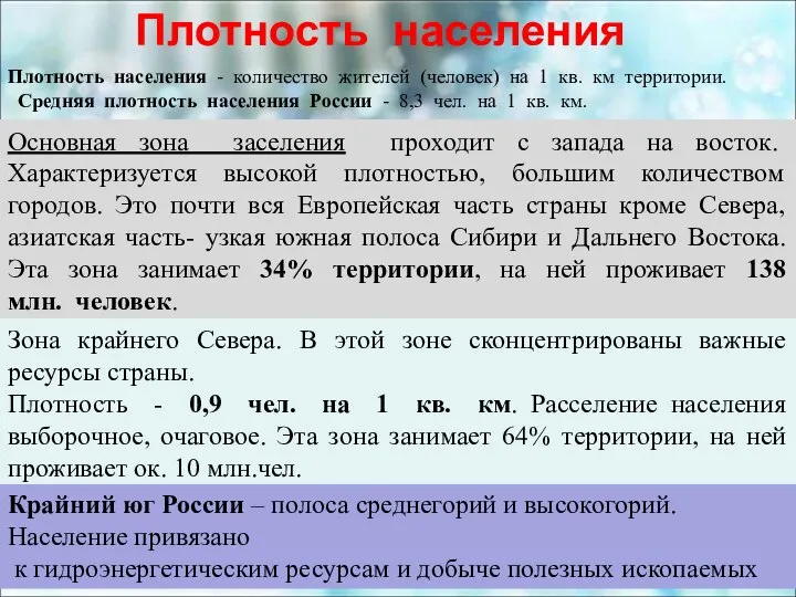 Плотность населения Плотность населения - количество жителей (человек) на 1 кв.