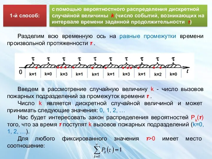 с помощью вероятностного распределения дискретной случайной величины k (число событий, возникающих