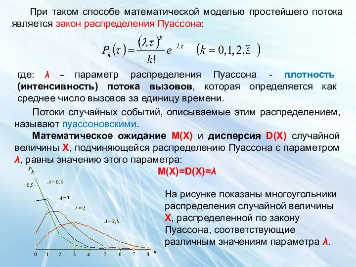 При таком способе математической моделью простейшего потока является закон распределения Пуассона: