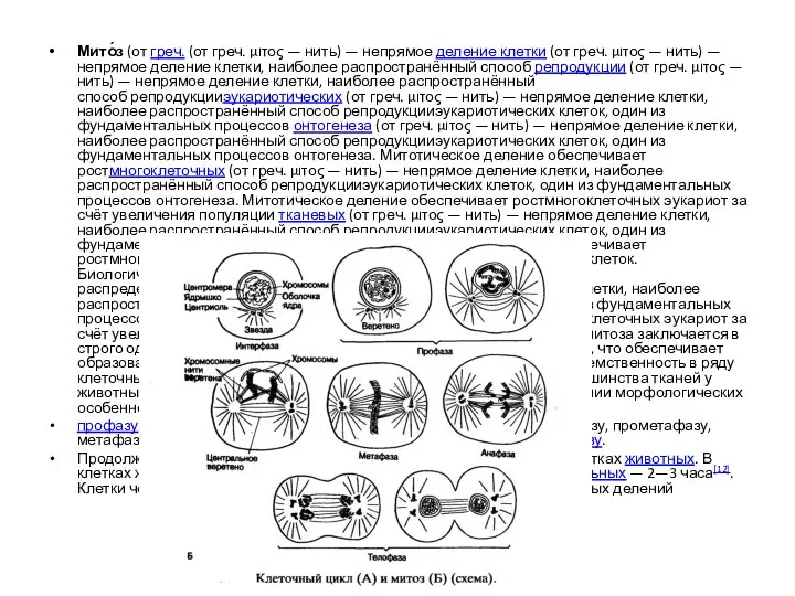 Мито́з (от греч. (от греч. μιτος — нить) — непрямое деление