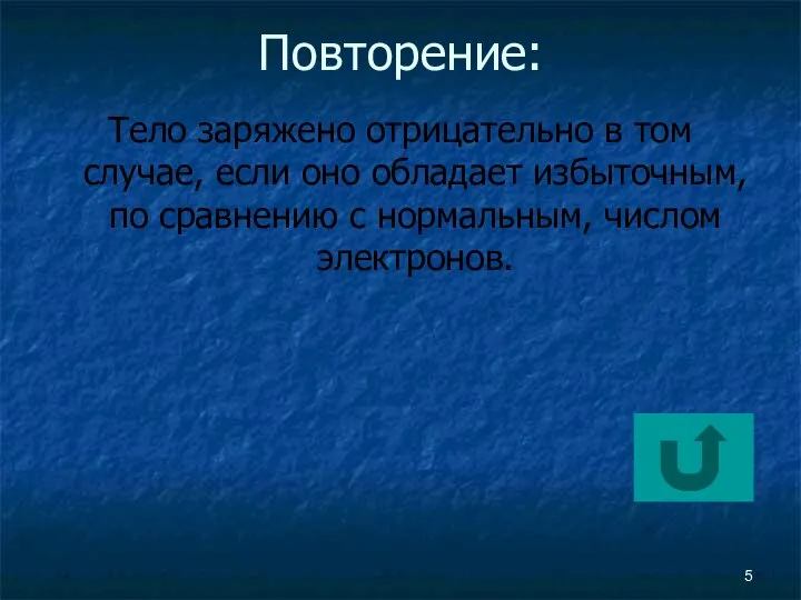 Повторение: Тело заряжено отрицательно в том случае, если оно обладает избыточным,