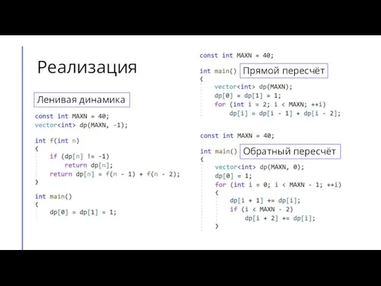 Реализация Ленивая динамика Прямой пересчёт Обратный пересчёт