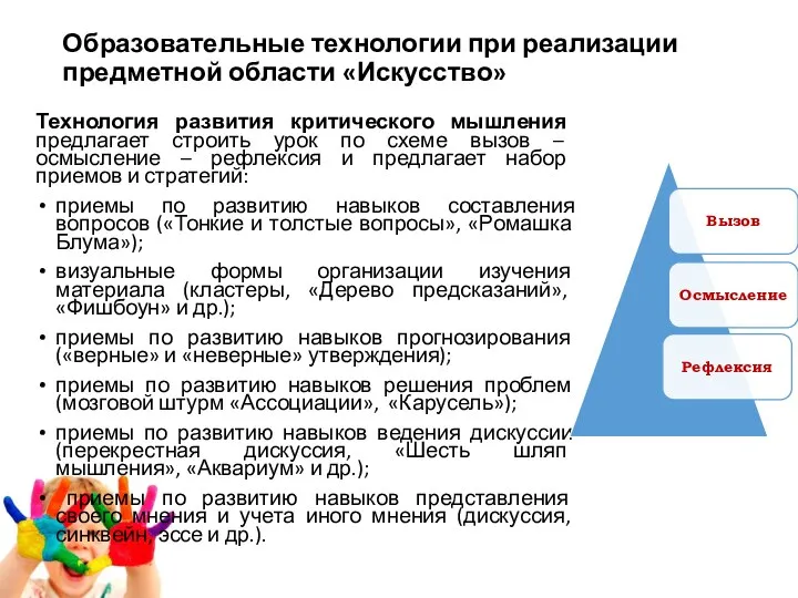 Образовательные технологии при реализации предметной области «Искусство» Технология развития критического мышления