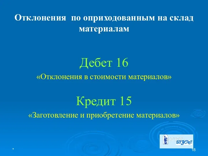 * Отклонения по оприходованным на склад материалам Дебет 16 «Отклонения в